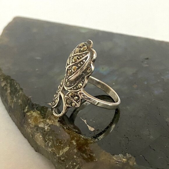 VTG Sterling Silver 925 Art Deco Style Marcasite Flower Rose Ring Sz 5.75 - Picture 6 of 16
